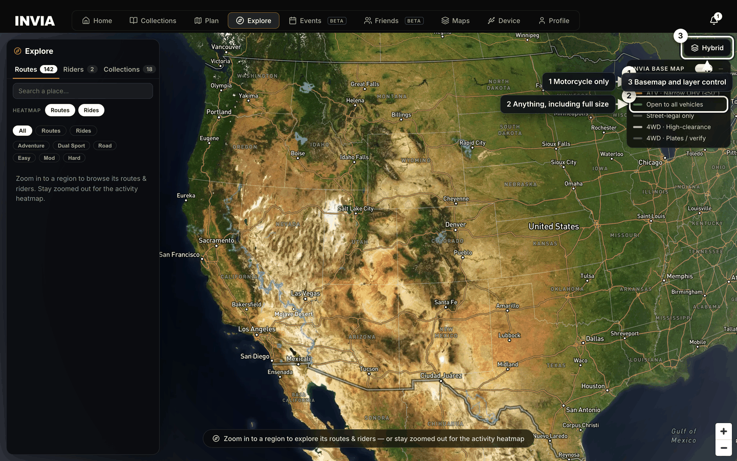 Explore with the INVIA Base Map legend open, showing all six road classes.