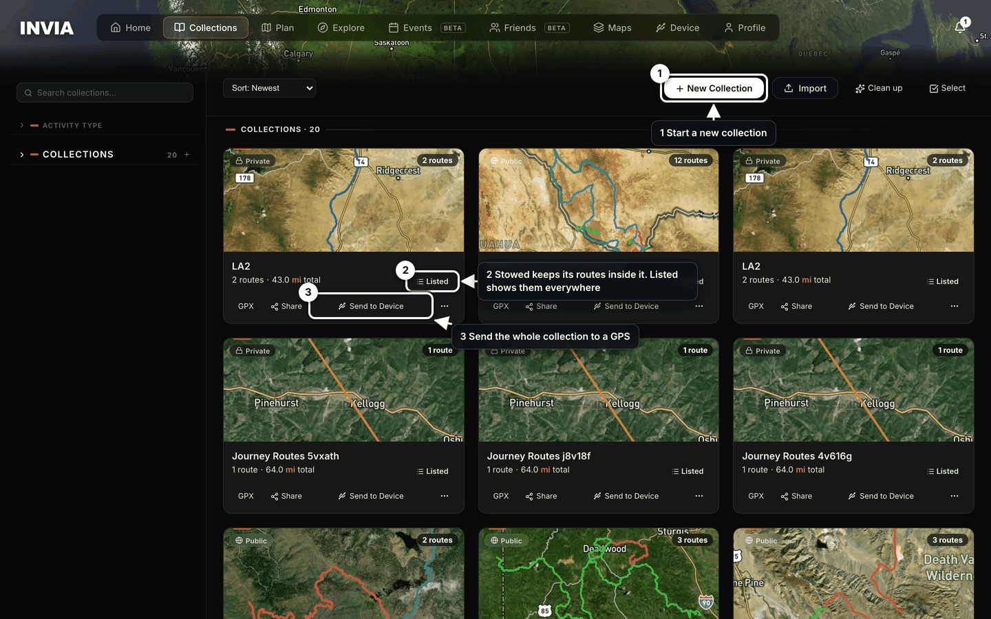 The Collections page, with the new collection button, the stow toggle and the send action marked.