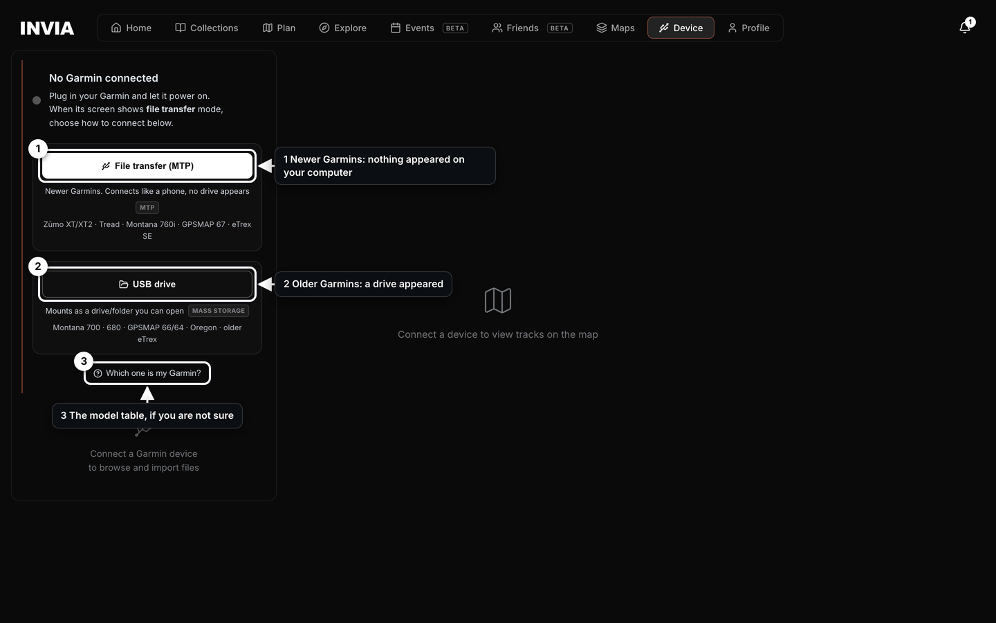 The Device page before a Garmin is connected, with both connect buttons and the help link marked.