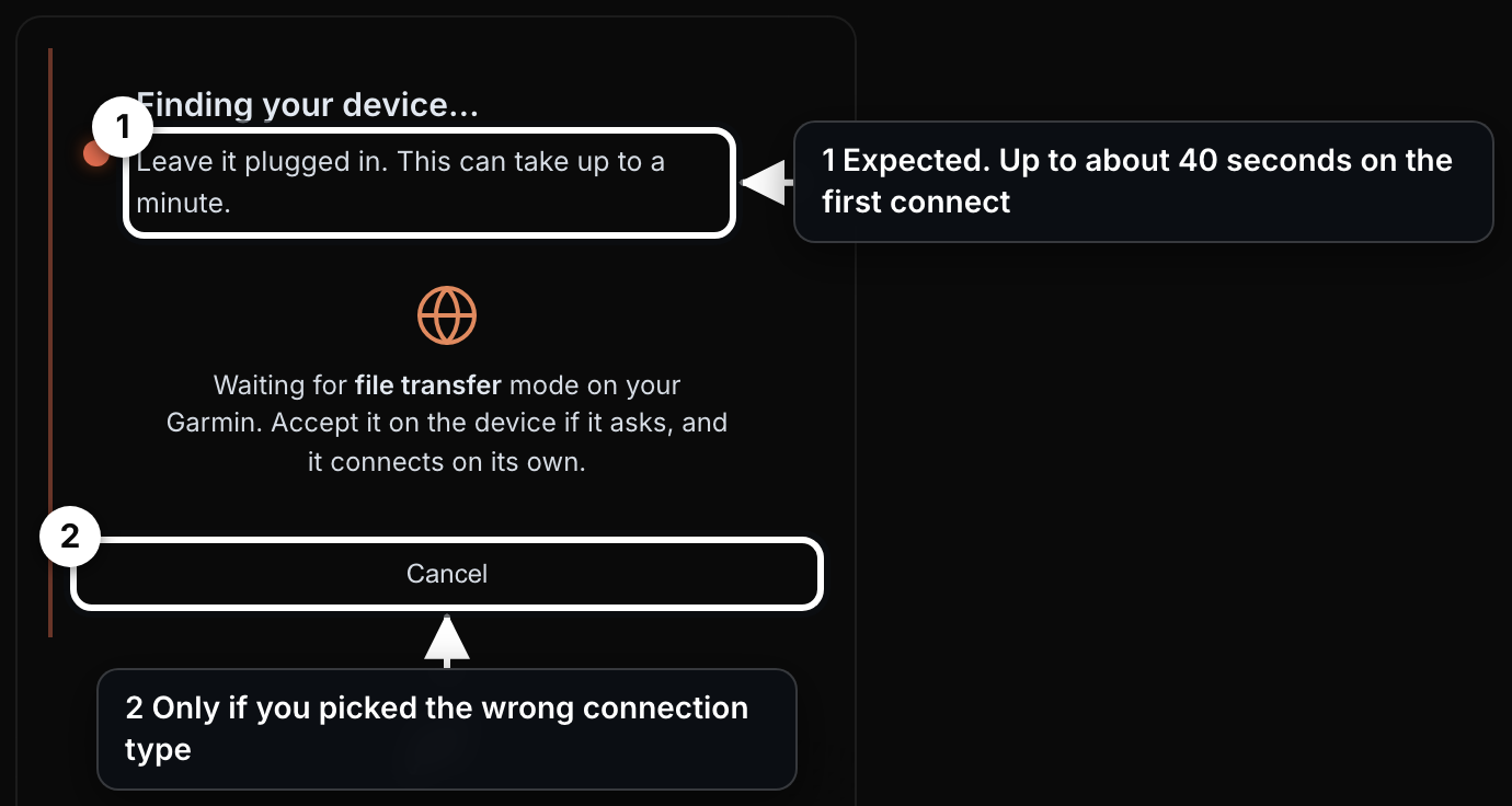 The status card reading Finding your device, with the note that it can take up to a minute.