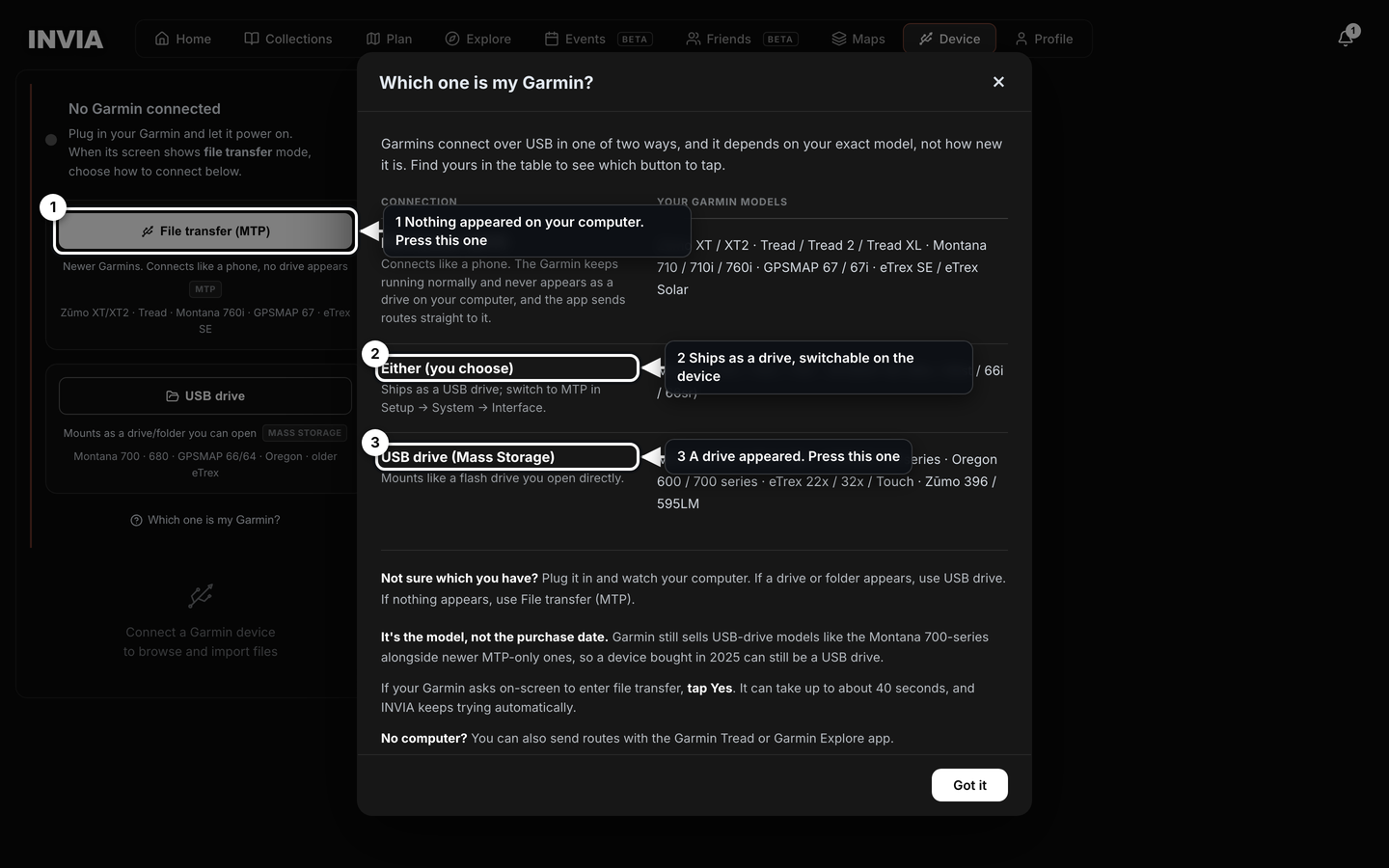 The Which one is my Garmin help dialog, listing each family against the way it connects.