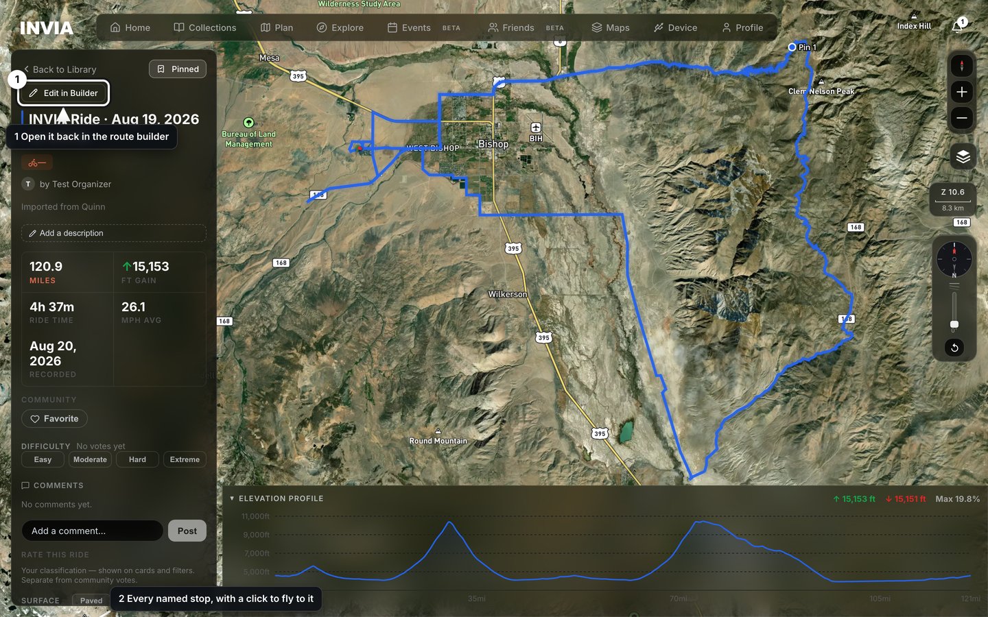 A route's own page, with Edit in Builder and the Waypoints section marked.