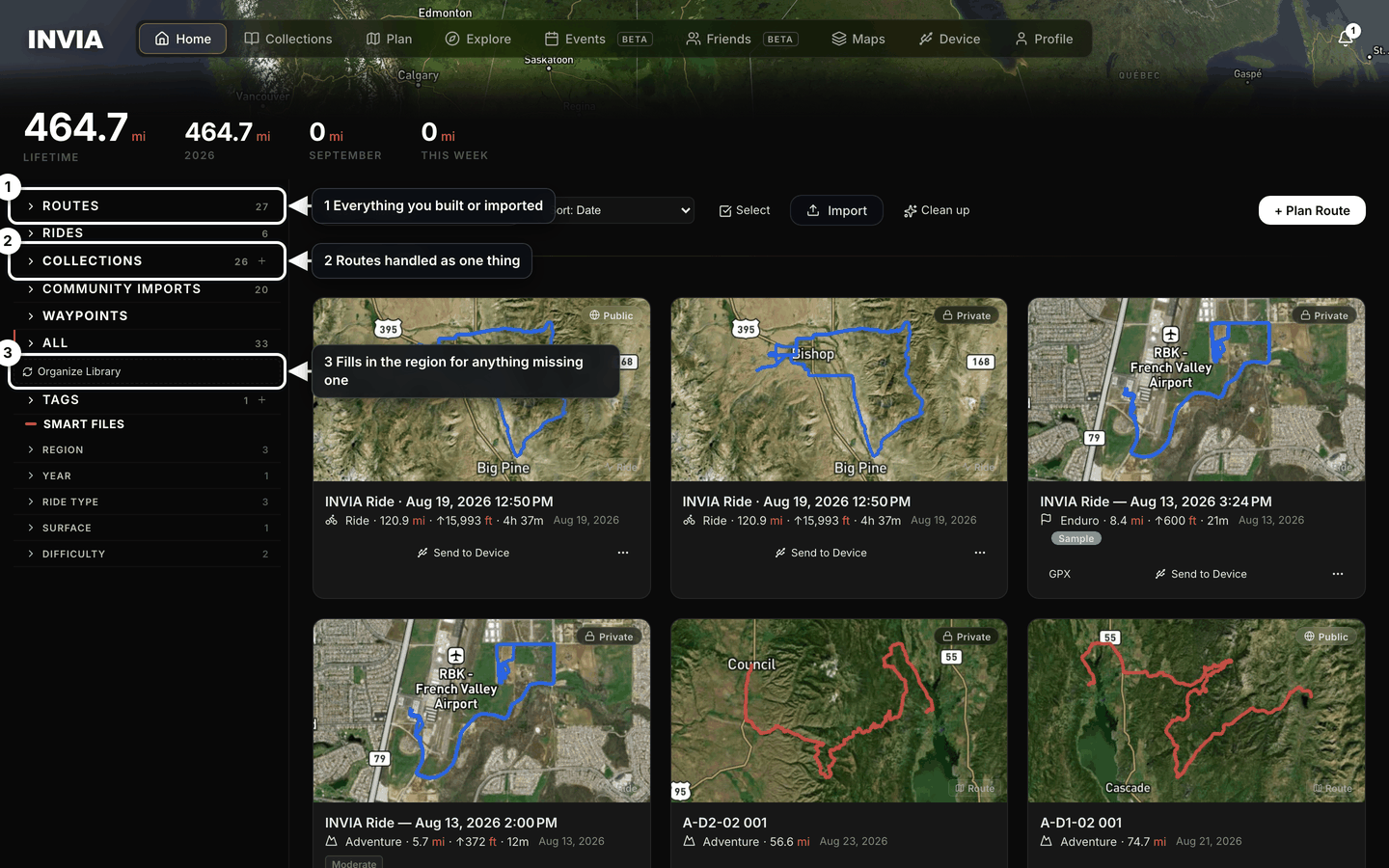 The Home library, with the Routes and Collections sidebar sections and the Organize control marked.