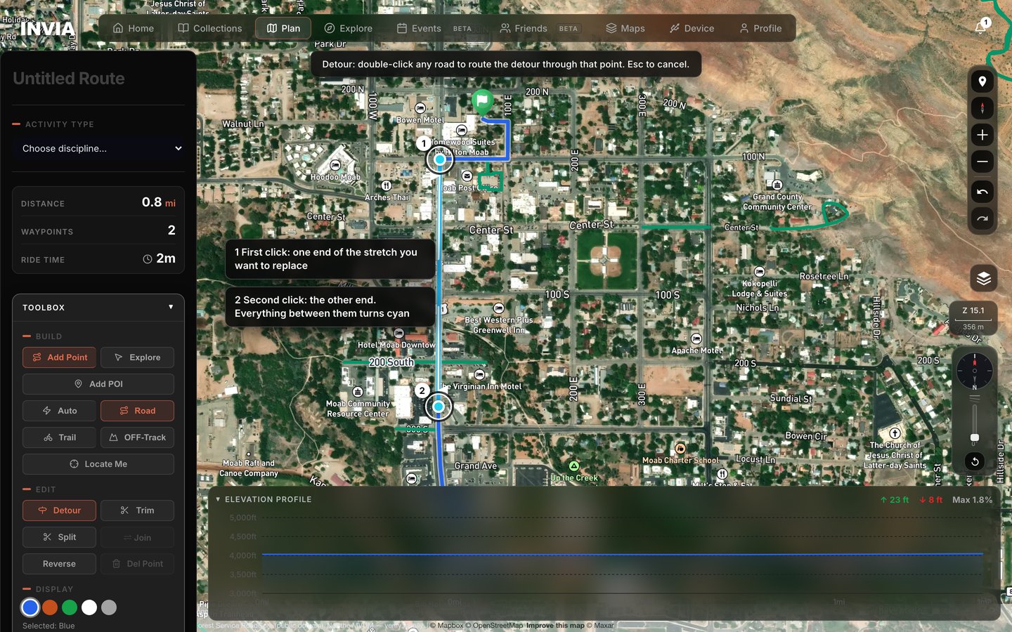 A route down Main Street in Moab, its middle stretch highlighted in cyan between the two marked ends.