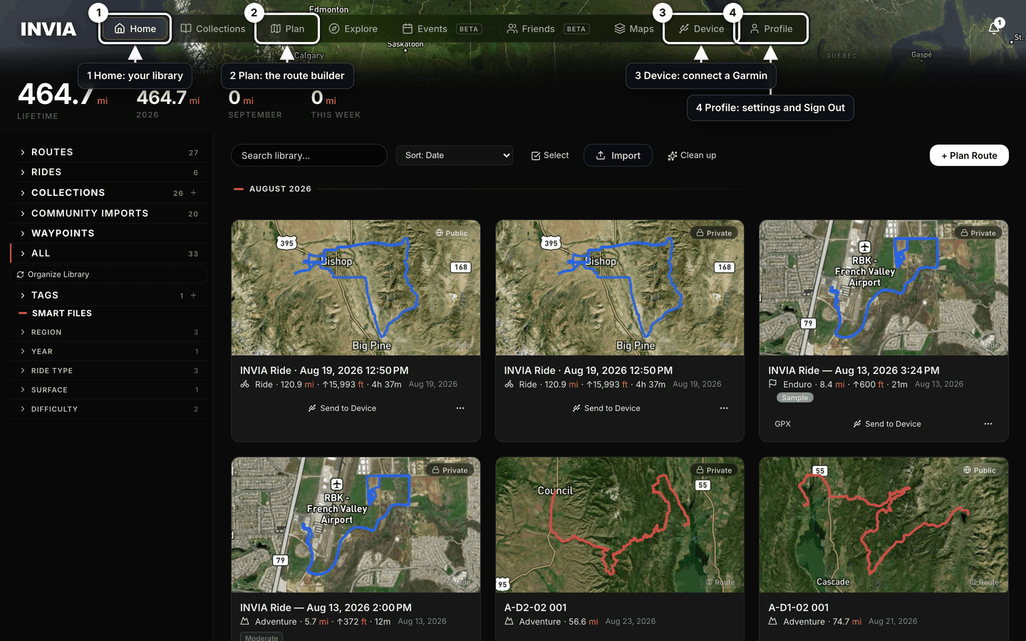 The INVIA nav bar above the Home library, with the Home, Plan, Device and Profile tabs marked.