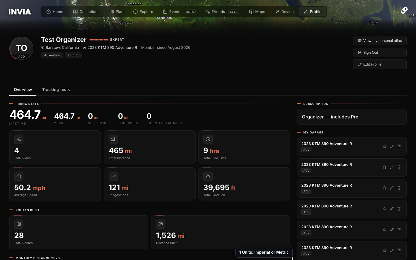 The Settings card on the Profile tab, with the Units control marked.