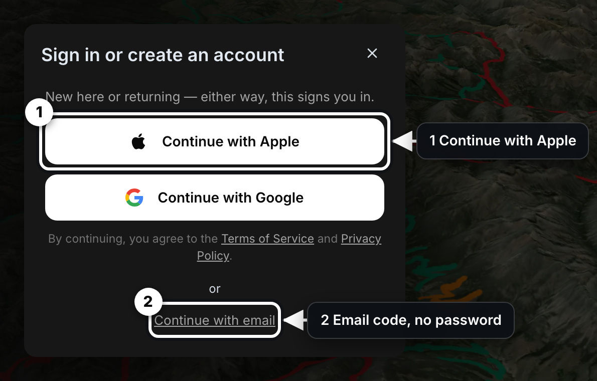 The sign-in sheet with Continue with Apple, Continue with Google and Continue with email.